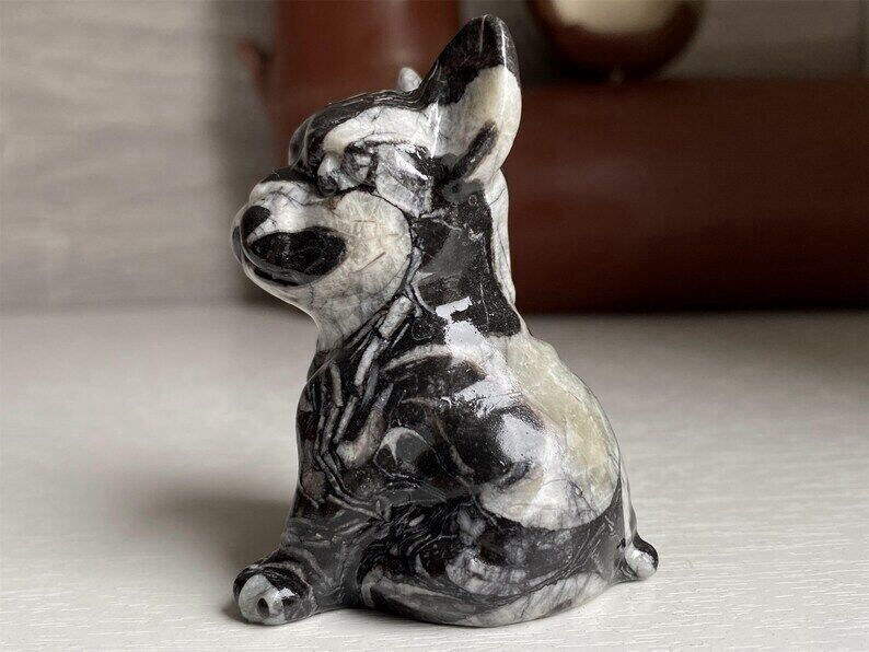 Natural Quartz Crystal Carved Rough Stone French Bulldog Healing Animal Decor