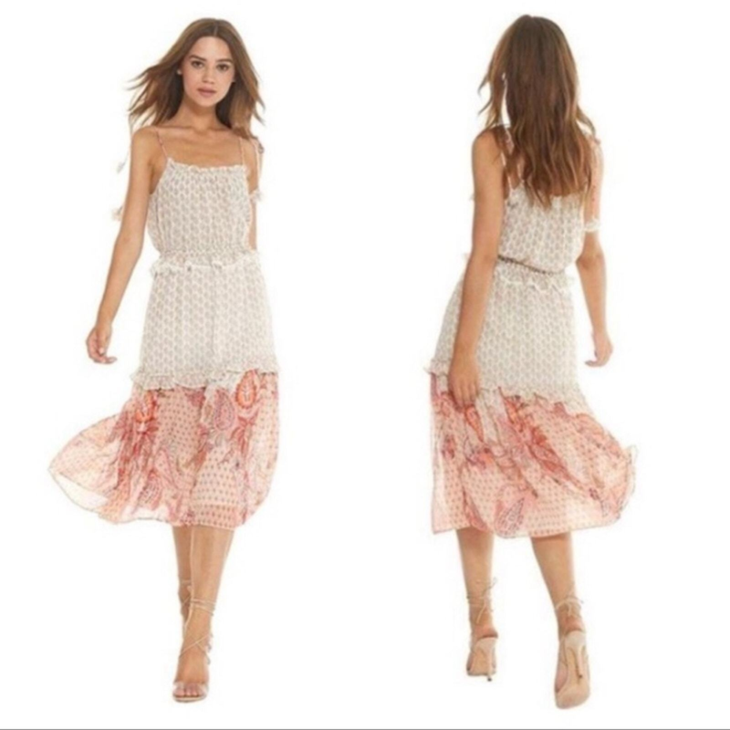 NWT MISA Los Angeles Floral Paisley Dionica Ruffle Trim Tiered Midi Dress Sz M