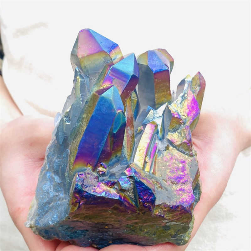 970gColor Flame Aura Electroplate Quartz Crystal Cluster Specimen Healing Stone