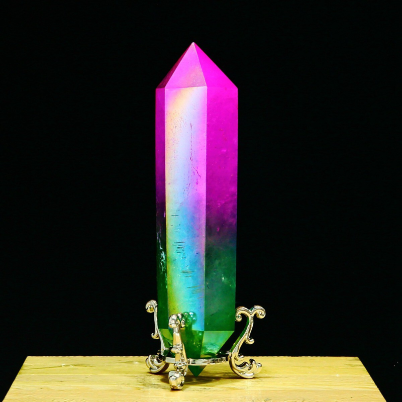 278g Natural Crystal Electroplated Rainbow Quartz Tower Double Wand Point Reiki