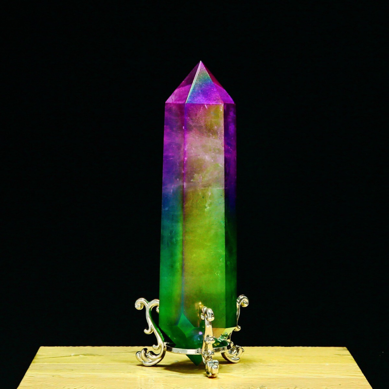 243g Natural Crystal Electroplated Rainbow Quartz Tower Double Wand Point Reiki