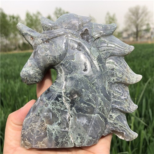 530g Natural Moss Agate Unicorn Carved Reiki Quartz Crystal Skull Figurines Crys