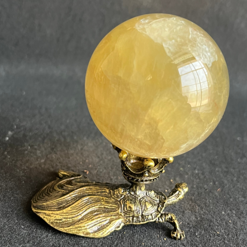 269G  Natural yellow fluorite quartz crystal ball sphere healing+stand
