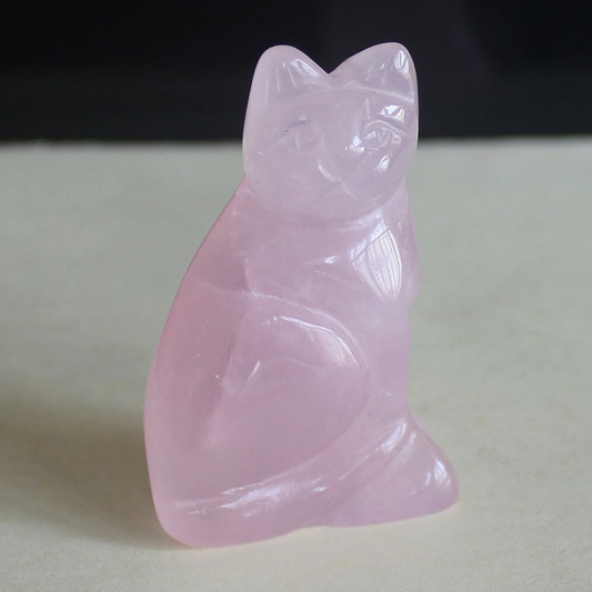 Carved gemstone crystal rose quartz cat figurine animal carving home decor 2''