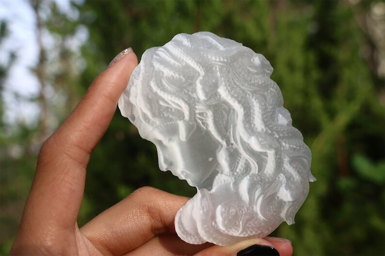 3" Carved Natural Selenite Medusa Reiki Crystal Skull Crystal gift Home Decor 1x