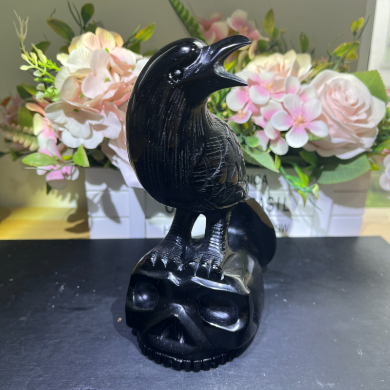 3.2LB 7" Natural Black Obsidian Crow Raven Skull Quartz Crystal Bird Carving