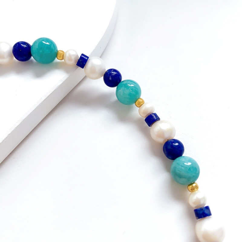 Natural Amazonite Lapis Lazuli Pearl Stone Crystal Handmade Blue Choker Necklace