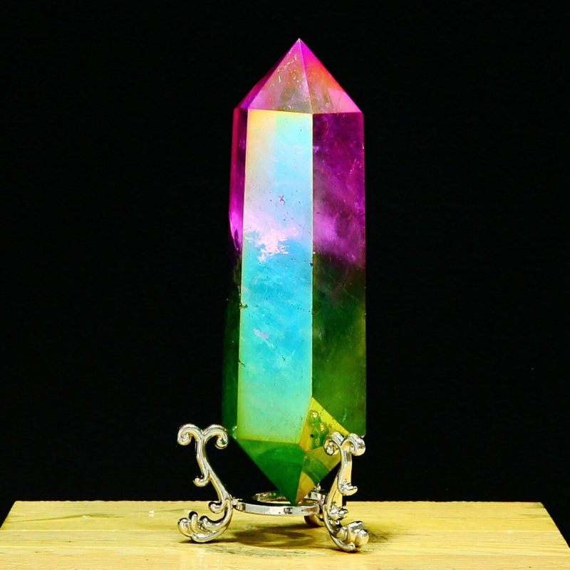 233g Natural Crystal Electroplated Rainbow Quartz Tower Double Wand Point Reiki