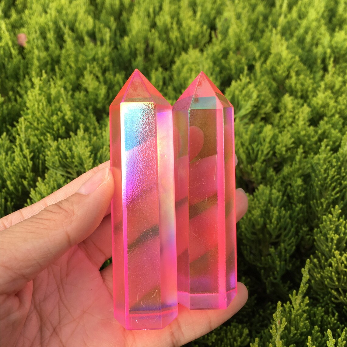 1PC Pink Titanium Rainbow Obelisk,Quartz Crystal Wand Piont,Crystal Tower,Mineral Specimens,Home Decoration,Reiki Healing,Crystal Gifts 70g+