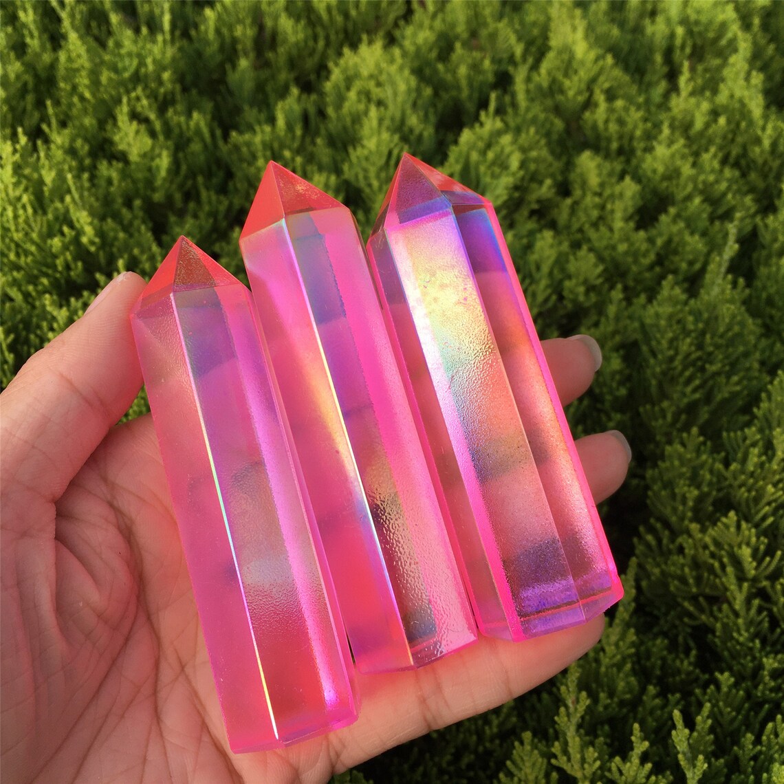 1PC Pink Titanium Rainbow Obelisk,Quartz Crystal Wand Piont,Crystal Tower,Mineral Specimens,Home Decoration,Reiki Healing,Crystal Gifts 70g+