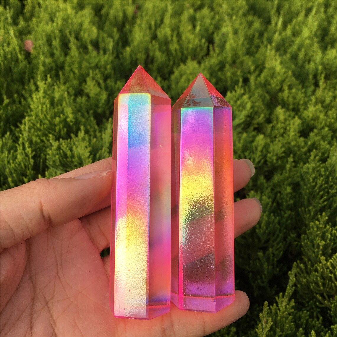 1PC Pink Titanium Rainbow Obelisk,Quartz Crystal Wand Piont,Crystal Tower,Mineral Specimens,Home Decoration,Reiki Healing,Crystal Gifts 70g+
