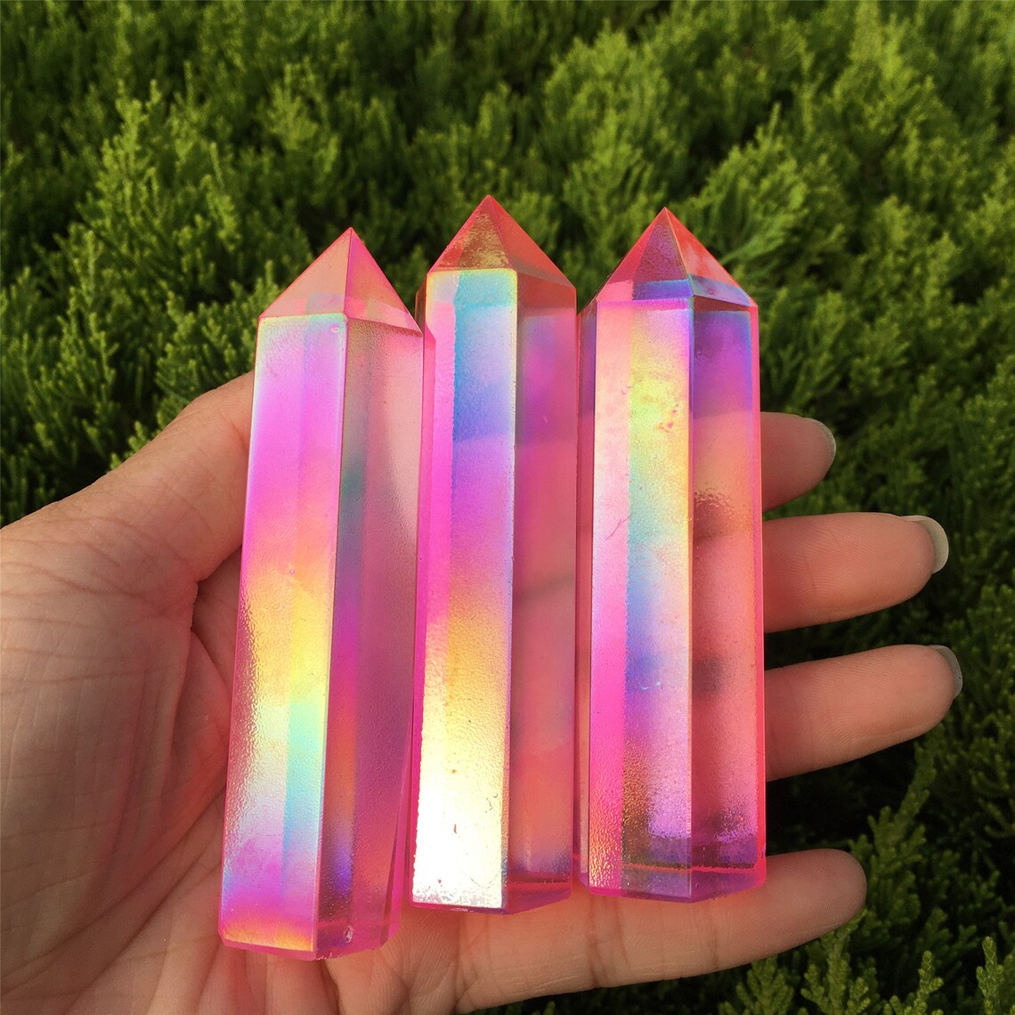 1PC Pink Titanium Rainbow Obelisk,Quartz Crystal Wand Piont,Crystal Tower,Mineral Specimens,Home Decoration,Reiki Healing,Crystal Gifts 70g+