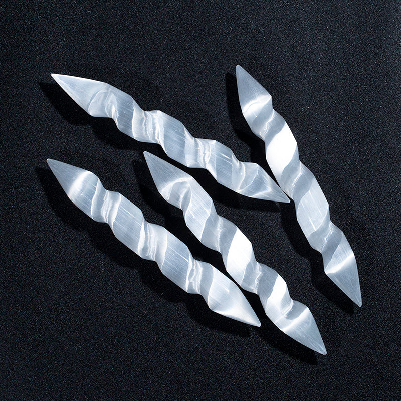 Varita espiral de doble punta de selenita blanca Natural, palo de masaje de yeso blanco