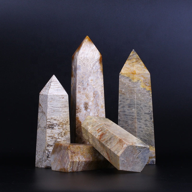 Varita de cristal natural al por mayor, torre de cristal de cuarzo con punta de varita fósil de jade coralino para curación