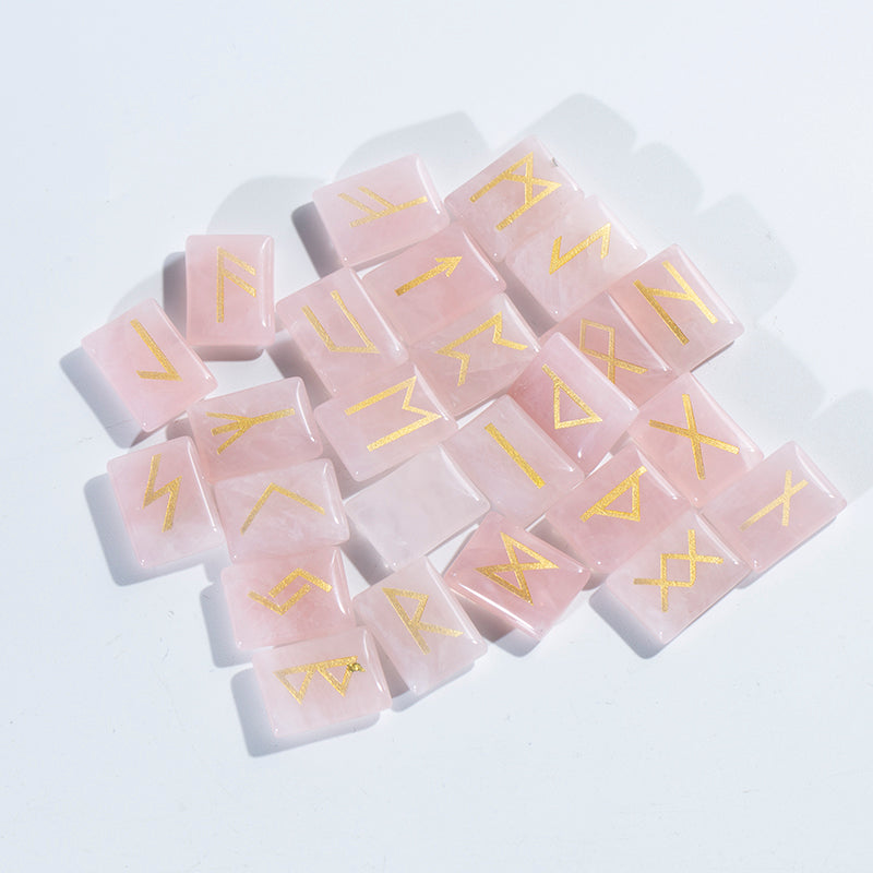 Conjunto de runas de cuarzo rosa, piedra de runas grabadas de cuarzo rosa natural, conjunto de piedras de runas de cristal natural