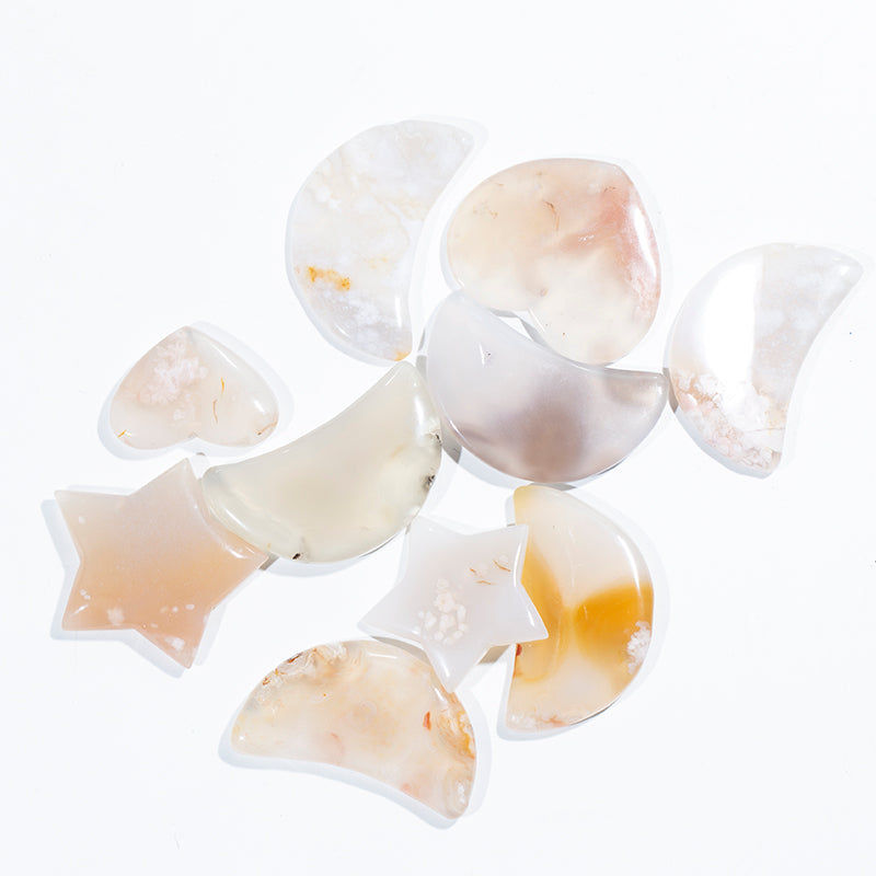 Polished handcarved natural cherry blossom agate star and moon for decoration