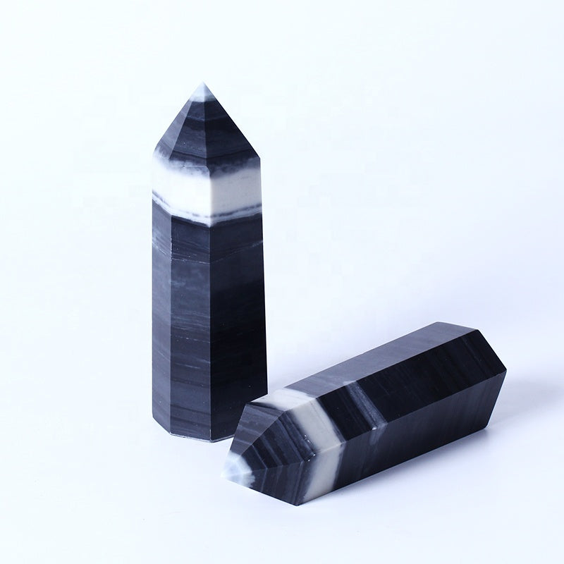 Varita de cristal de Reiki y chakras curativos naturales, torre de cristal de cuarzo con punta de piedra de Tai Chi, color blanco y negro, para curación