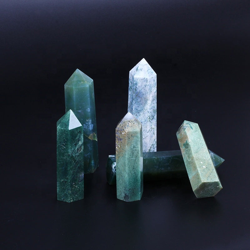Green moss agate wand point quartz crystal tower