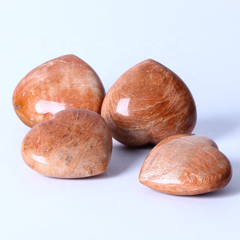 Natural Carved Heart Shaped Polished Orange Moonstone Quartz Crystal Heart For Gift