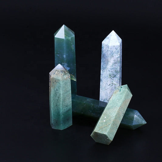 Green moss agate wand point quartz crystal tower