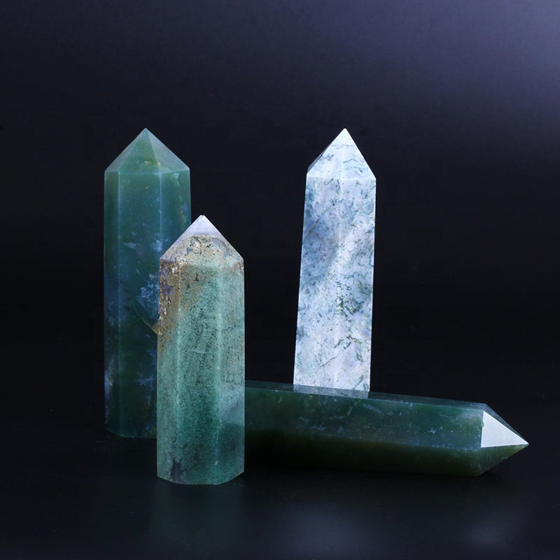 Green moss agate wand point quartz crystal tower
