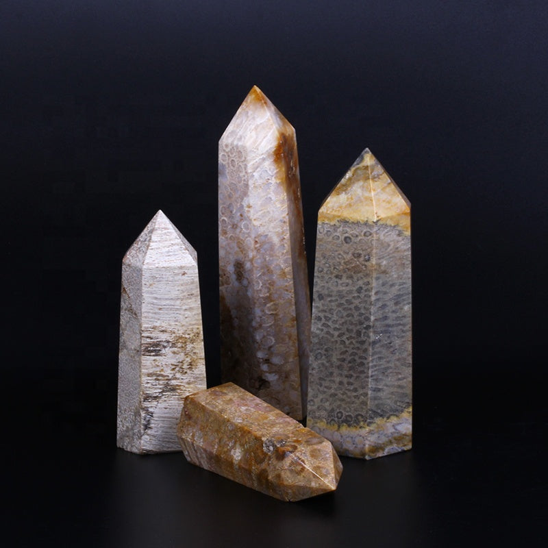 Varita de cristal natural al por mayor, torre de cristal de cuarzo con punta de varita fósil de jade coralino para curación