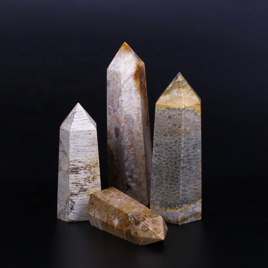 Varita de cristal natural al por mayor, torre de cristal de cuarzo con punta de varita fósil de jade coralino para curación