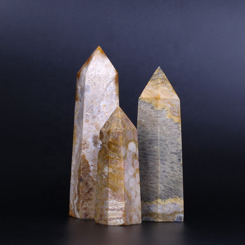Varita de cristal natural al por mayor, torre de cristal de cuarzo con punta de varita fósil de jade coralino para curación