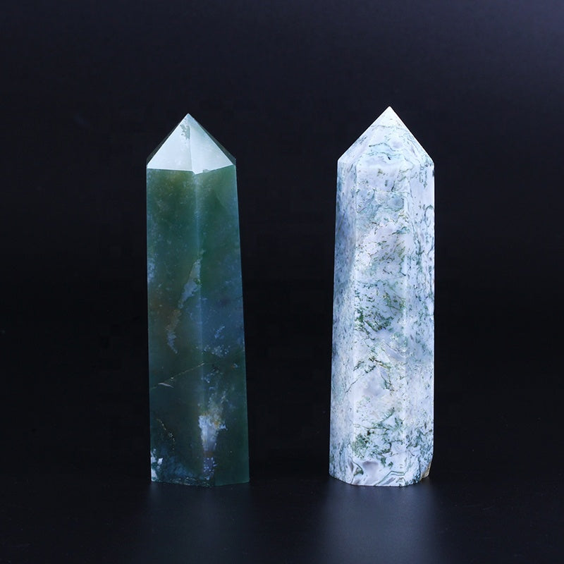 Green moss agate wand point quartz crystal tower