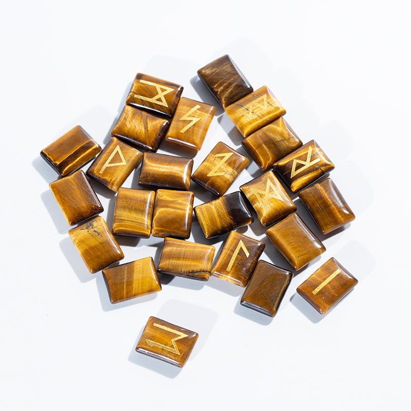 Natural yellow tiger eye rune set,crystal quartz rune set tumbled engraved rune set