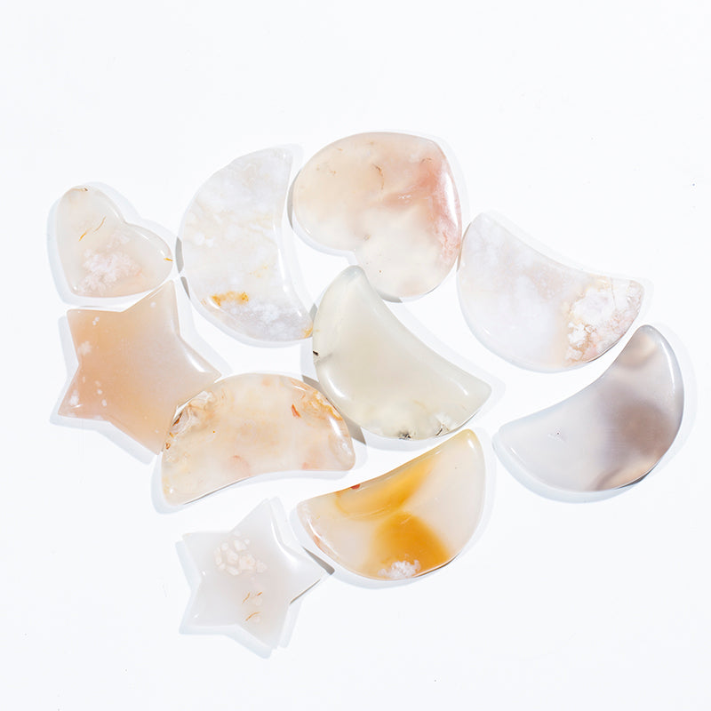 Polished handcarved natural cherry blossom agate star and moon for decoration