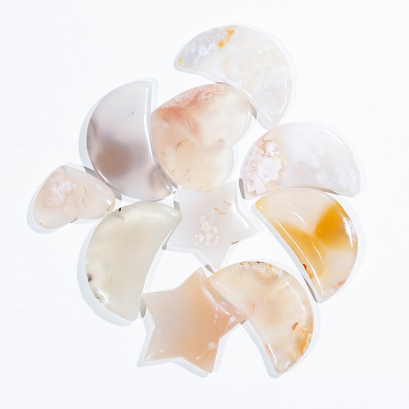 Polished handcarved natural cherry blossom agate star and moon for decoration