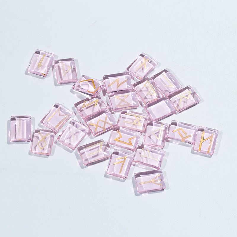 Fengshui decoration pink rose glass engraved divination stone rune stone set