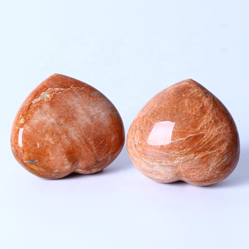 Natural Carved Heart Shaped Polished Orange Moonstone Quartz Crystal Heart For Gift