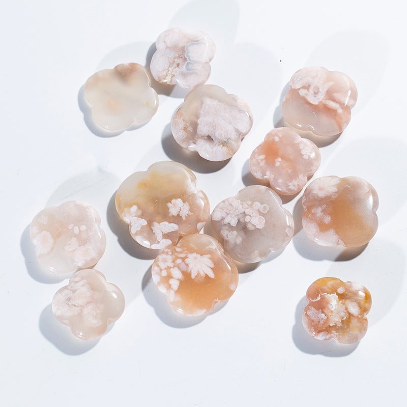 Venta al por mayor de cristal natural tallado curativo flores de cerezo ágata trébol para decoración