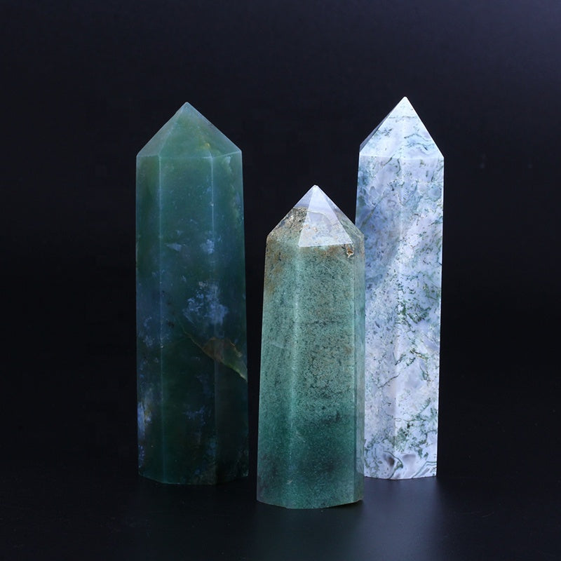 Green moss agate wand point quartz crystal tower