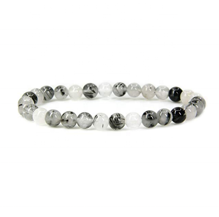 Venta al por mayor de cuarzo rutilado negro Natural, gema hecha a mano, piedras preciosas semipreciosas, cuentas redondas de 6mm, pulsera elástica de 7 ", Unisex