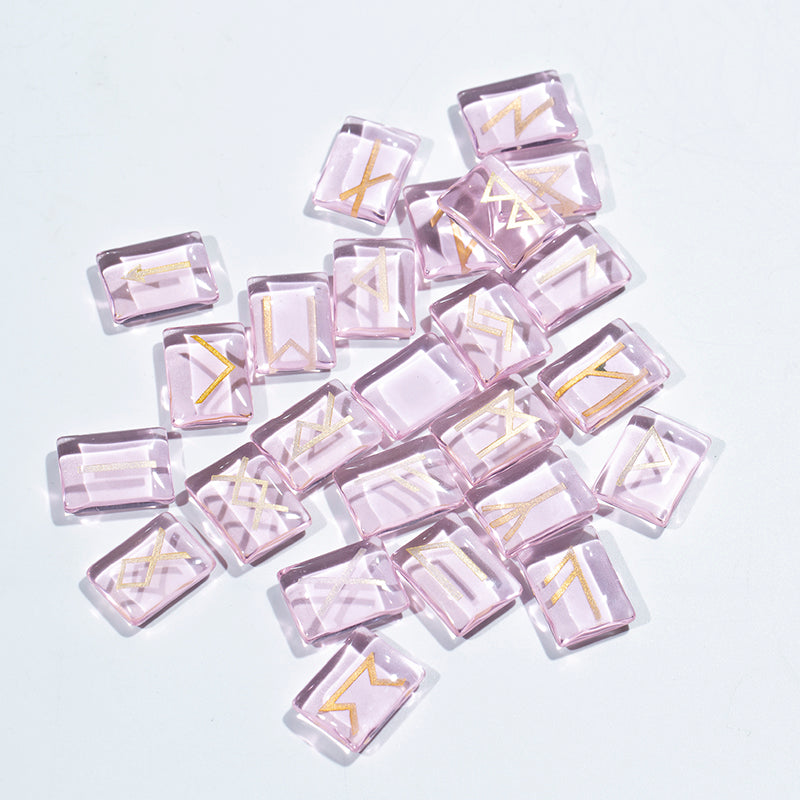 Fengshui decoration pink rose glass engraved divination stone rune stone set