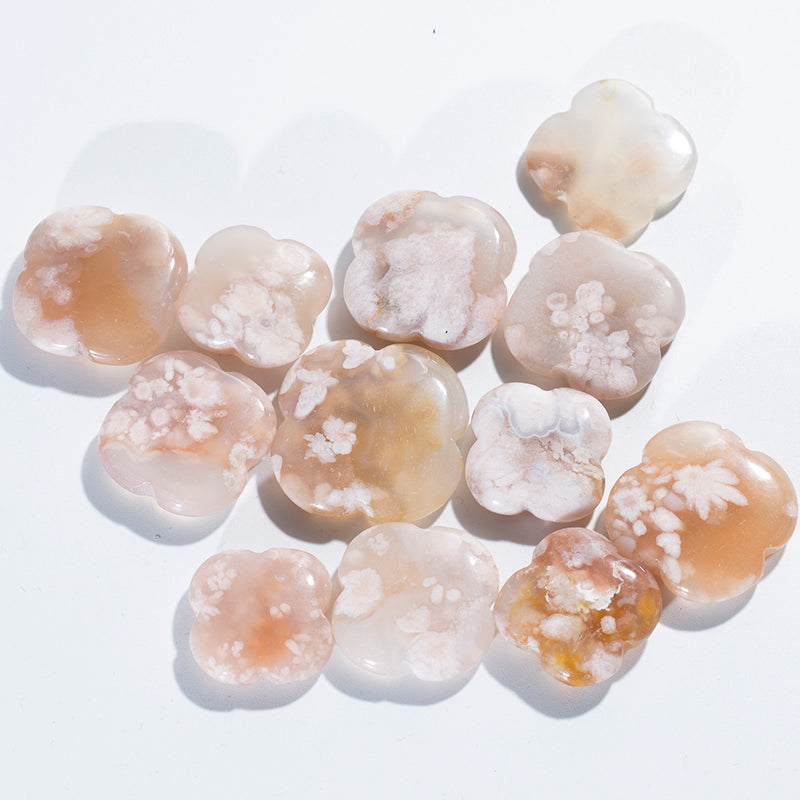 Venta al por mayor de cristal natural tallado curativo flores de cerezo ágata trébol para decoración