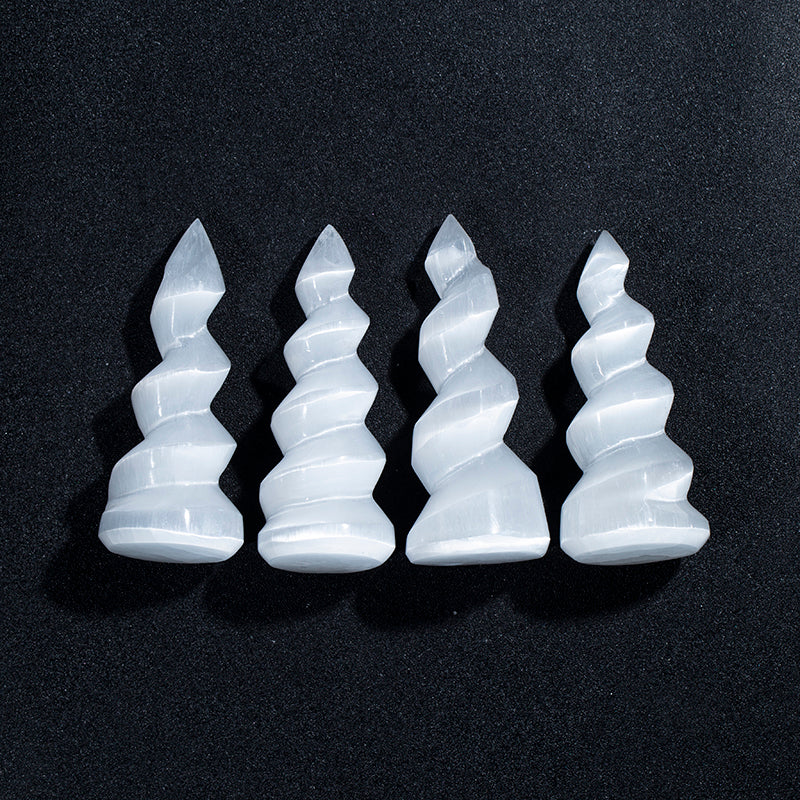 Natural selenite reiki stone spiral flame point white gypsum wand