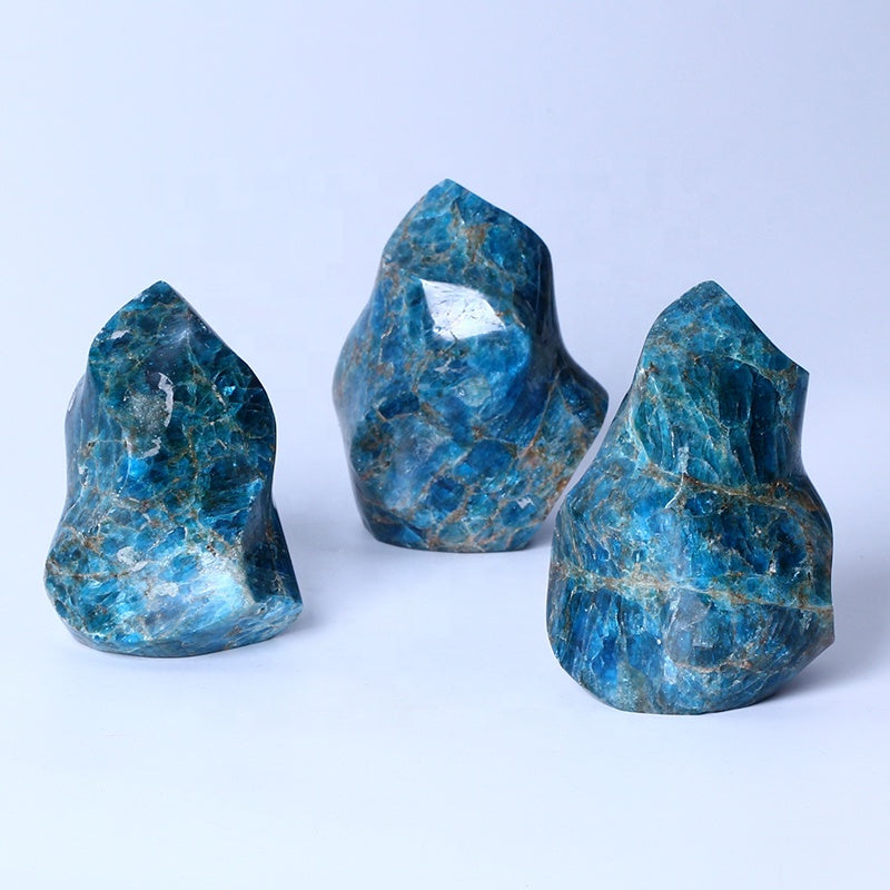 Natural High Quality Crystal Rock Stone Mineral specimen Rough Blue Apatite Flame Standing Stone For Home Decoration