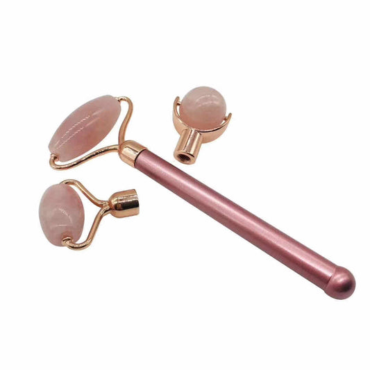 Natural Rose Quartz Massager Roller Detachable Three Heads Crystal Facial Beauty Roller
