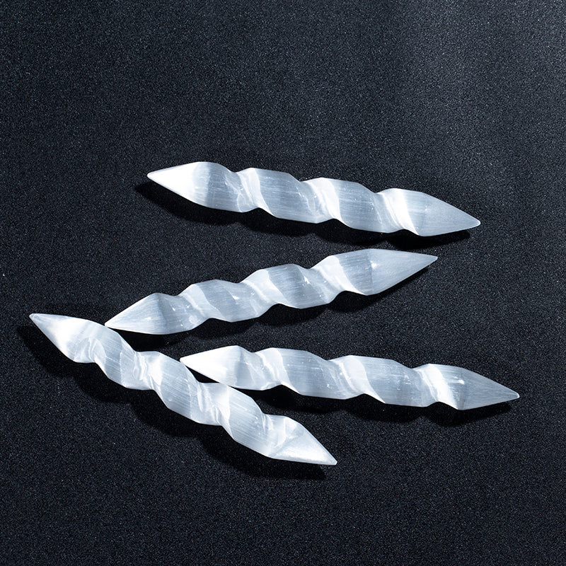 Varita espiral de doble punta de selenita blanca Natural, palo de masaje de yeso blanco