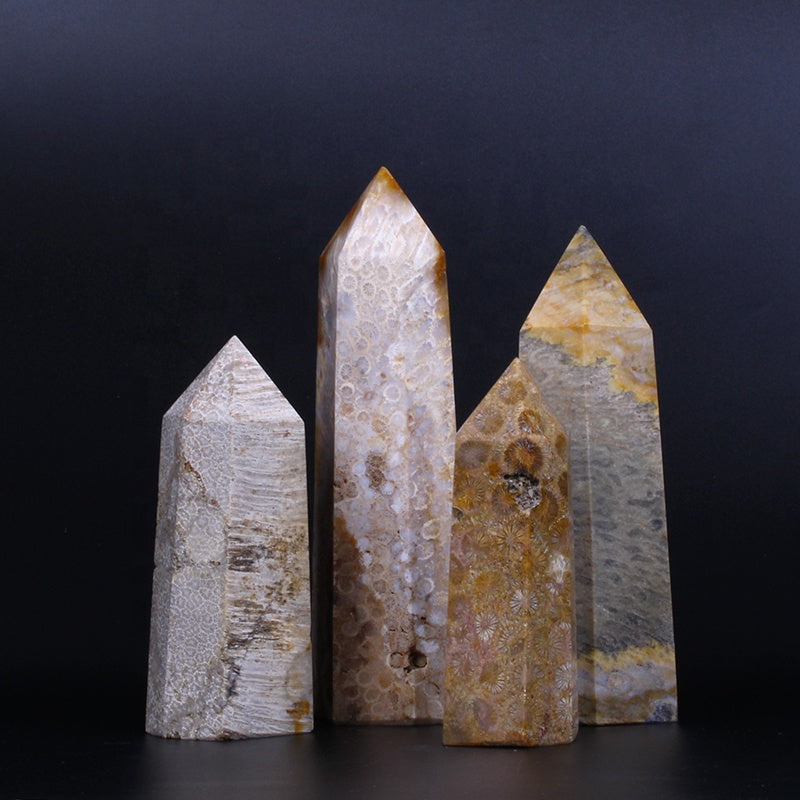 Varita de cristal natural al por mayor, torre de cristal de cuarzo con punta de varita fósil de jade coralino para curación