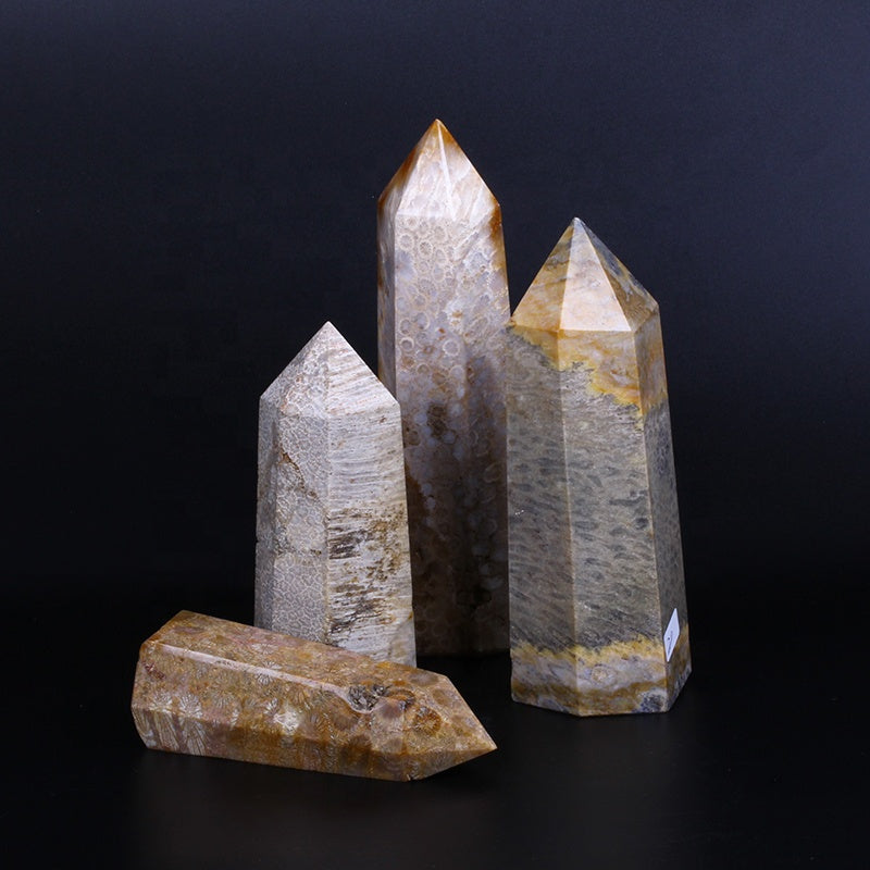 Varita de cristal natural al por mayor, torre de cristal de cuarzo con punta de varita fósil de jade coralino para curación