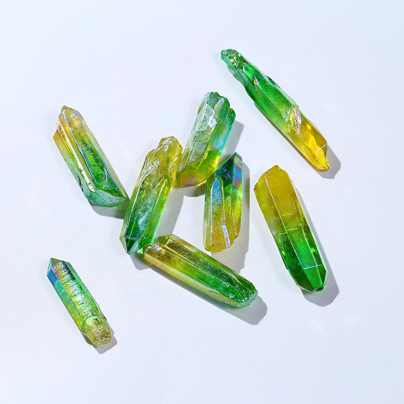 Natural Double Color Yellow Green Aura Crystal Wand Points