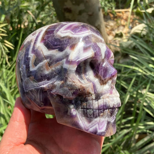 1PC 4"+ Natural Hand Dream Amethyst Skull,Quartz Chevron amethyst Skull Carved ,Home Decoration,Mineral Specimen,Crystal Reiki Healing Gift