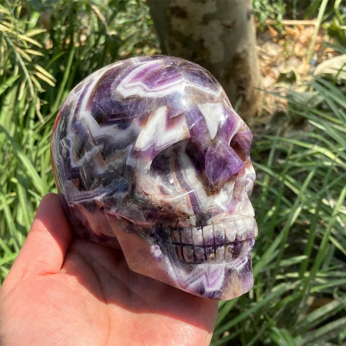 1PC 4"+ Natural Hand Dream Amethyst Skull,Quartz Chevron amethyst Skull Carved ,Home Decoration,Mineral Specimen,Crystal Reiki Healing Gift