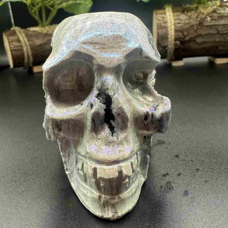 535g electroplate Natural sphalerite hand carved skull decor gem Healing