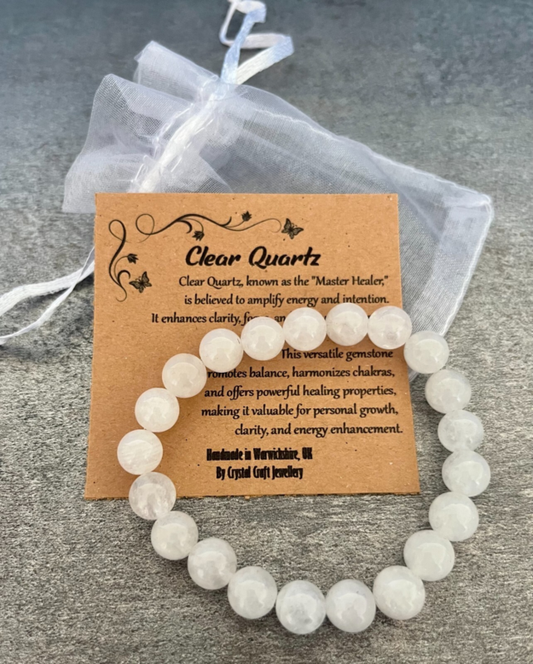 CLEAR QUARTZ Bracelet Stretch Fit Handmade +Gift Bag & Card Crystal Gemstone 8mm